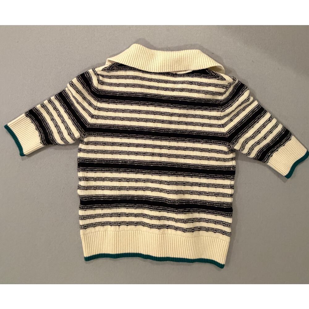 Maeve Anthropologie Striped Knit Polo Cardigan Sweater Black Cream Green Trim - Picture 6 of 9